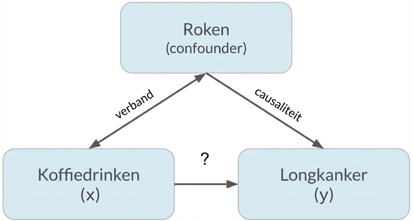 Koffiedrinken (x) wijst naar longkanker (y) met roken (confounder). Dubbele pijl tussen roken en koffiedrinken, gelabeld "associatie". Pijl van roken naar longkanker gelabeld "causaliteit"