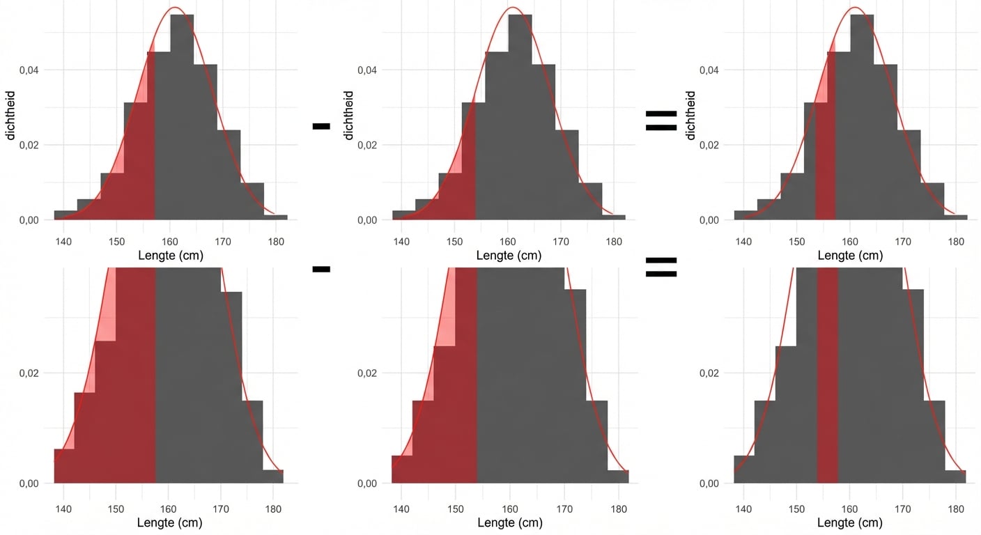 Gebied kleiner dan 157 min gebied kleiner dan 154 is gelijk aan gebied tussen 154 en 157