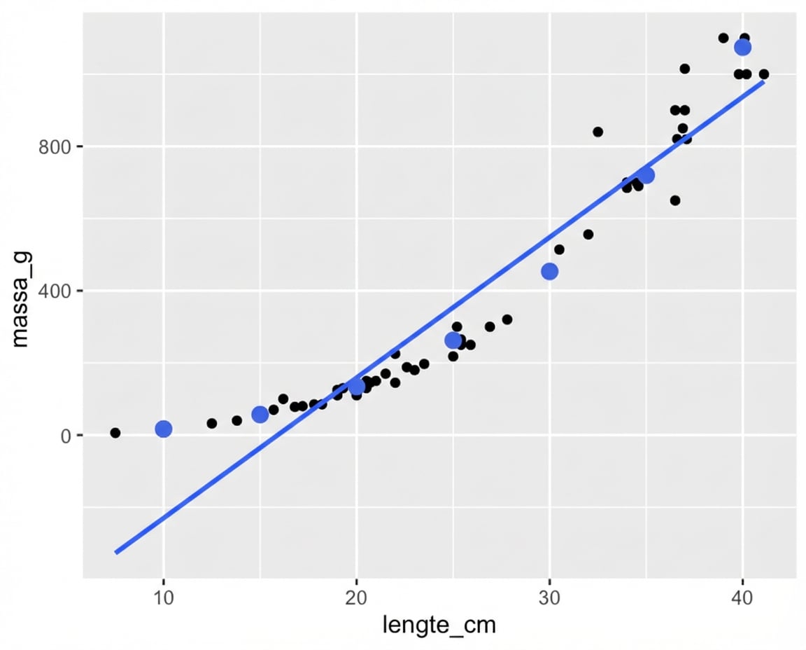 Het spreidingsdiagram van baarsmassa's versus lengte, met een trendlijn, geannoteerd met punten uit de predict()-functie. De punten volgen de trendlijn niet, maar wel de kromme van de data.