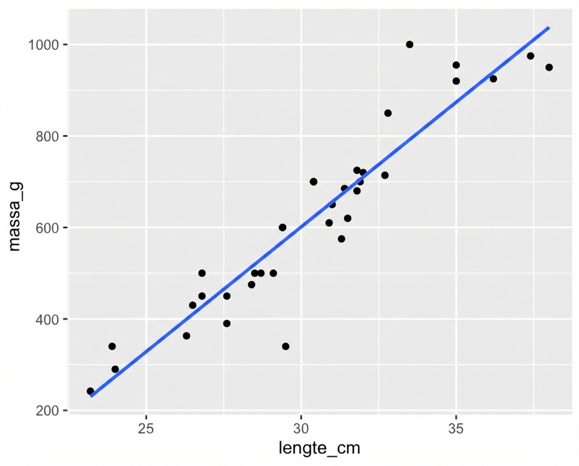 Het eerder getoonde spreidingsdiagram van brasem‑massa’s versus lengte, met een trendlijn.