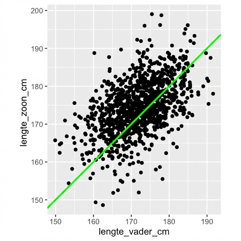 Een scatterplot van lengtes van zonen versus vaders, met een lijn waar vader en zoon even lang zijn. Naarmate vaders langer zijn, zijn zonen dat ook.