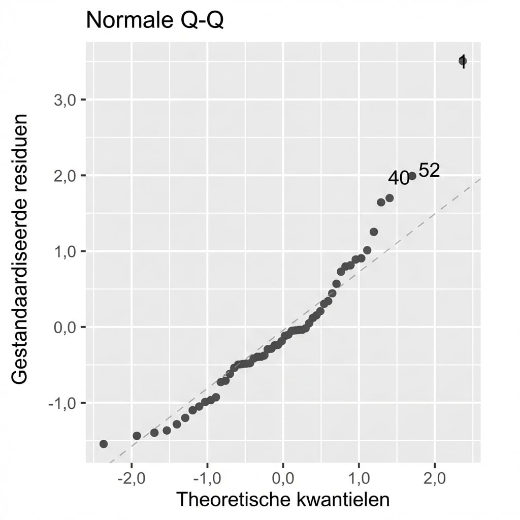 Een Q-Q-plot van gestandaardiseerde baars‑modelresiduen vs. theoretische kwantielen. De punten volgen de gelijkheidslijn niet goed, vooral rechts in de plot.