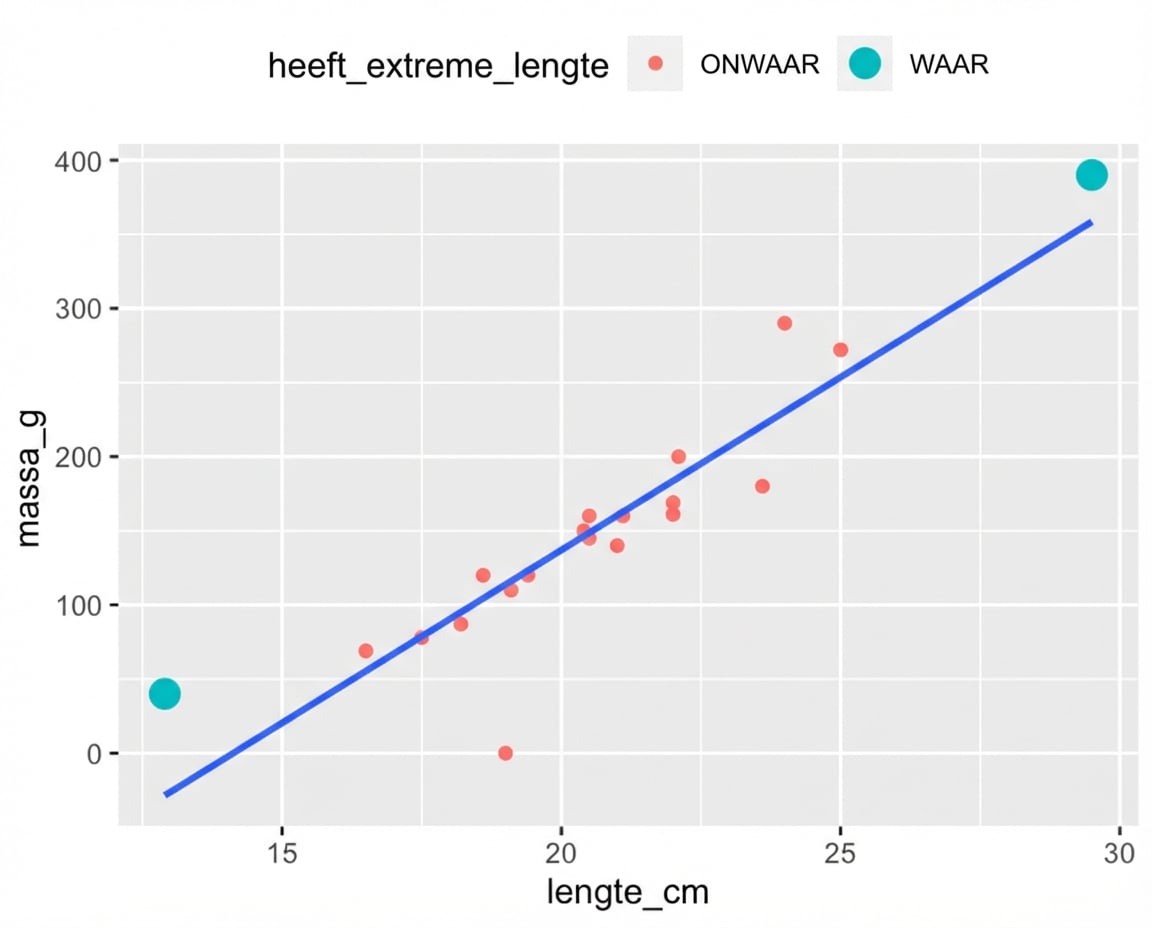 Een spreidingsdiagram van massa vs. lengte van voorn, met een trendlijn. De meeste punten zijn rood; één zeer korte en één zeer lange voorn zijn cyaan.