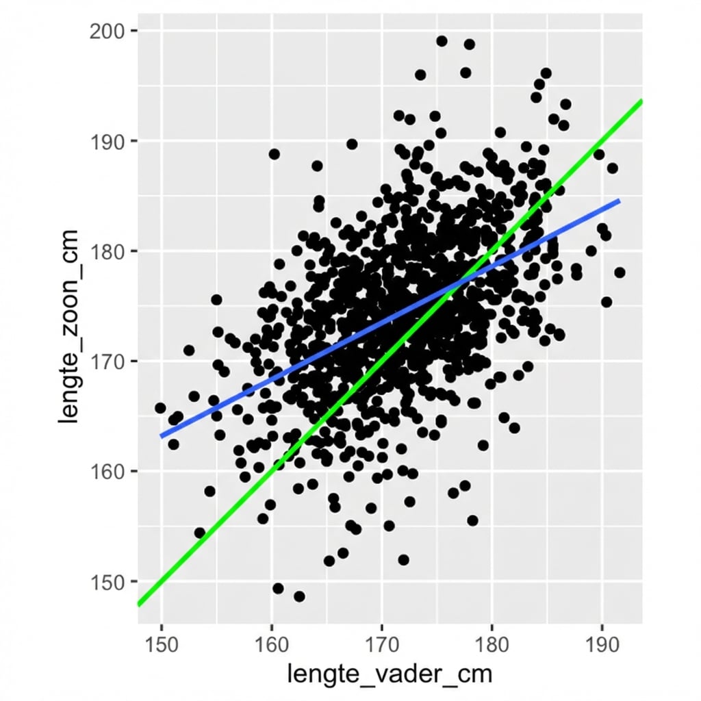Een scatterplot van lengtes van zonen versus vaders, met een lineaire trendlijn. De trendlijn is minder steil dan de lijn waar vader en zoon even lang zijn.