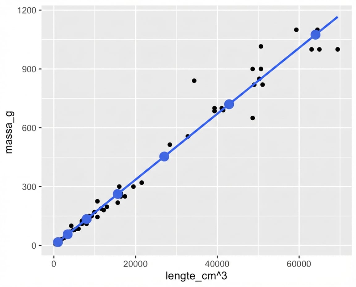 Het spreidingsdiagram van baarsmassa's versus lengte tot de derde macht, met een trendlijn, geannoteerd met punten uit de predict()-functie. De punten volgen de trendlijn exact.