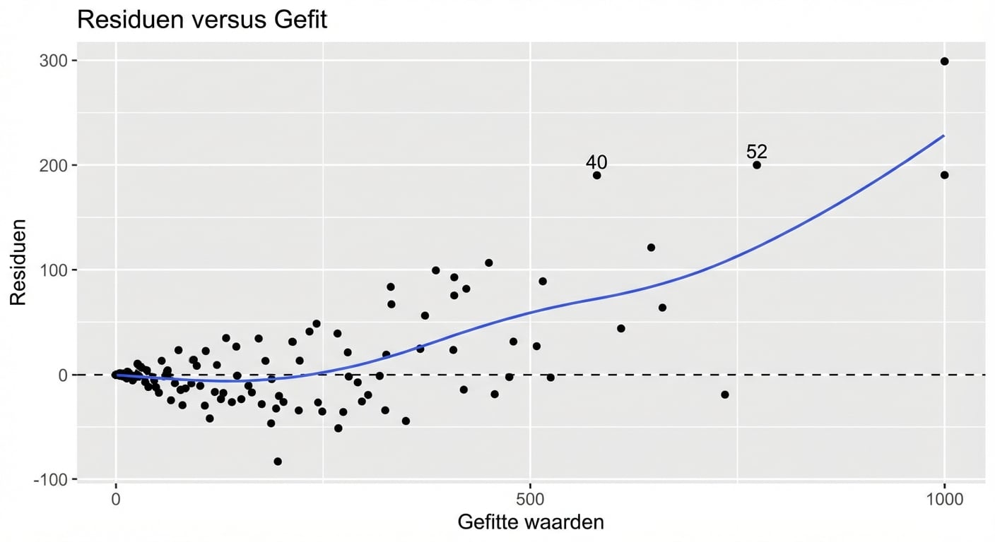 Een spreidingsdiagram van baars‑modelresiduen vs. voorspelde waarden, met een LOESS-trendlijn. De trendlijn vormt een V‑vorm.