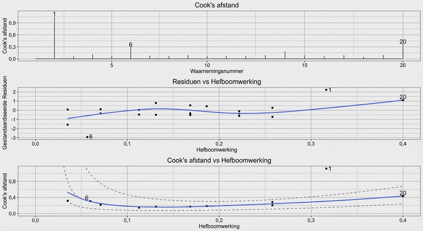 De drie diagnostische plots van het voorn‑model, in drie panelen.