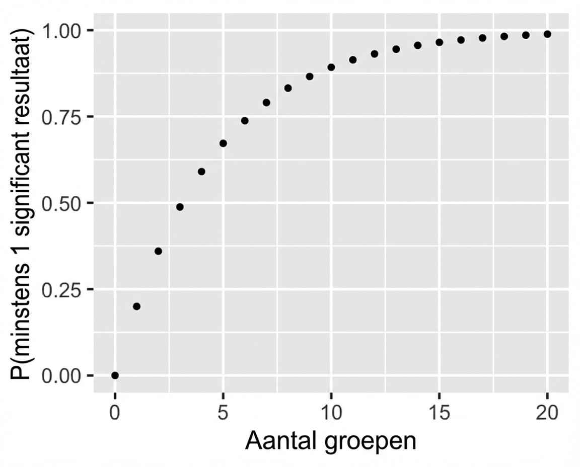Spreidingsdiagram met de kans op minstens 1 significant resultaat vs. het aantal groepen. Naarmate het aantal groepen toeneemt, stijgt die kans.