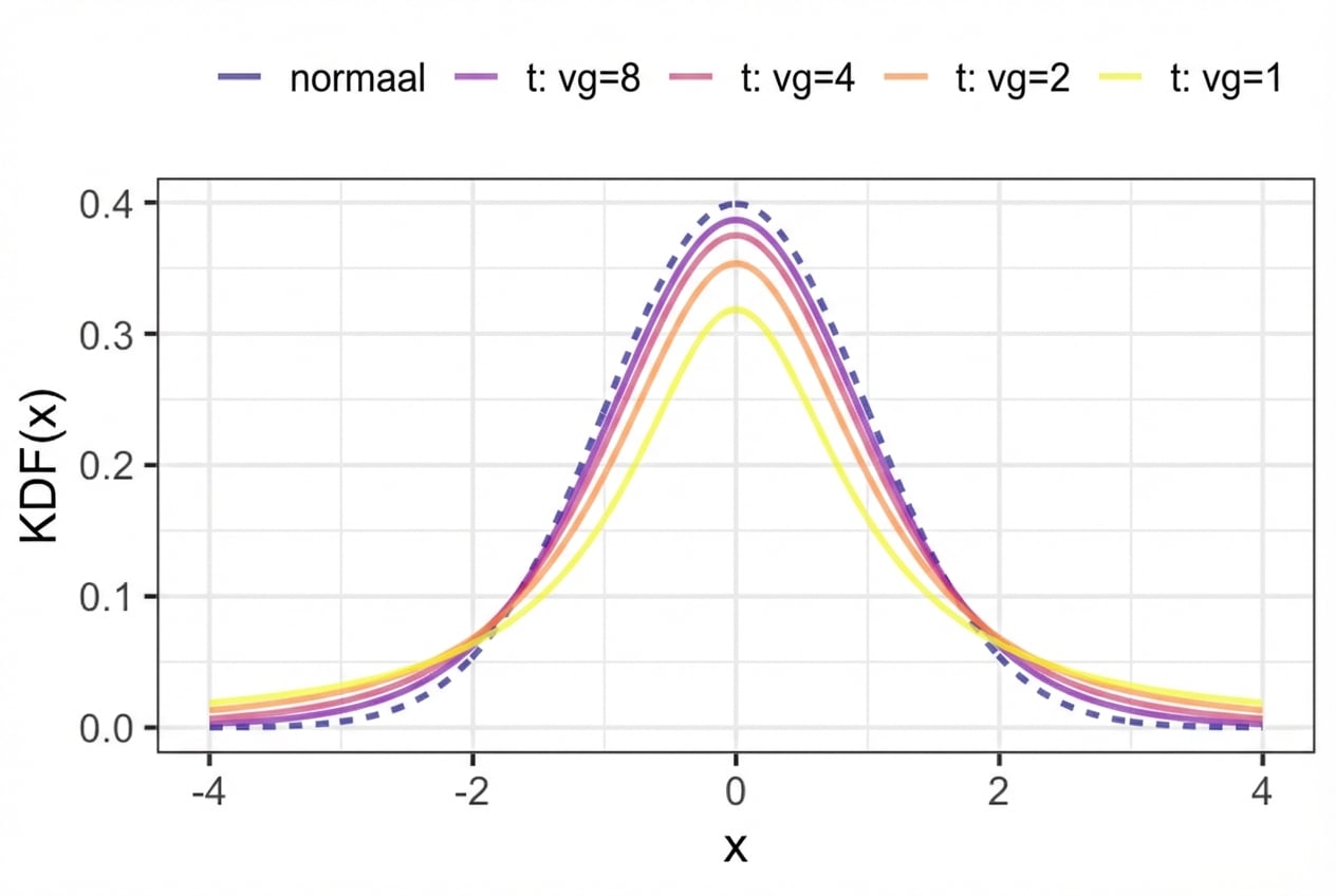 Grafiek met de PDF van een standaardnormale verdeling vergeleken met t-verdelingen met diverse vrijheidsgraden. Bij meer vrijheidsgraden worden de staarten smaller en de piek hoger, wat meer lijkt op de normale verdeling.