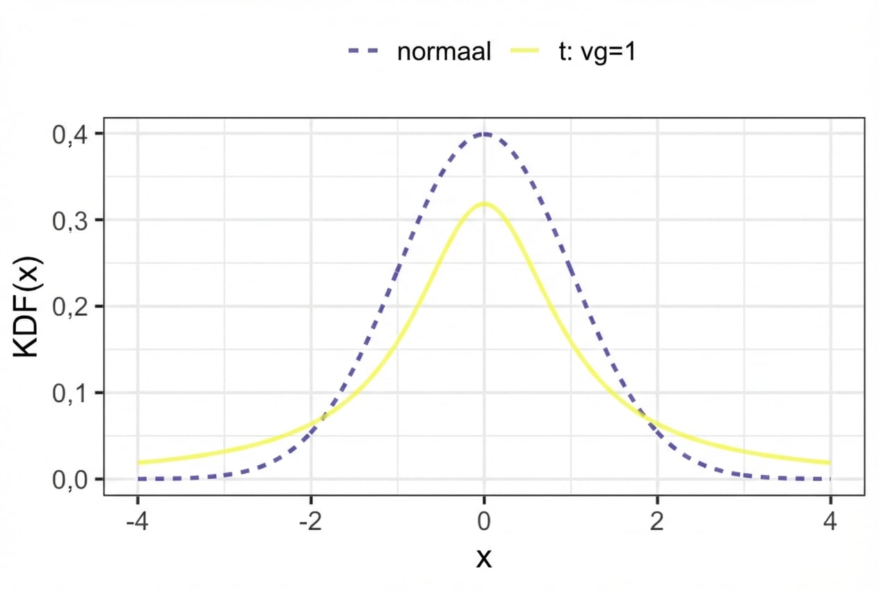Grafiek met de PDF van een standaardnormale verdeling vergeleken met een t-verdeling met 1 vrijheidsgraad. De t-verdeling heeft dikkere staarten en een lagere piek in het midden.
