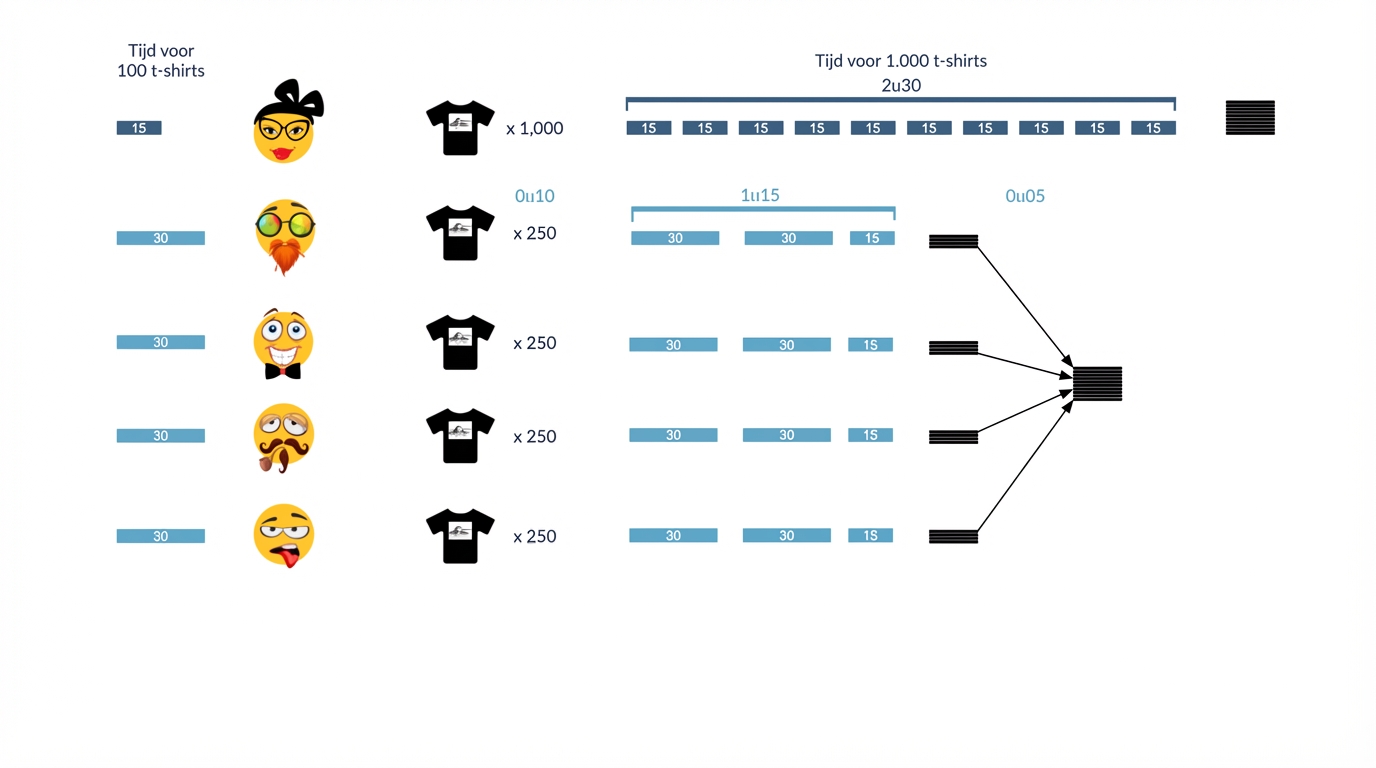 het kost 5 minuten om de t-shirts van 4 junior medewerkers te bundelen