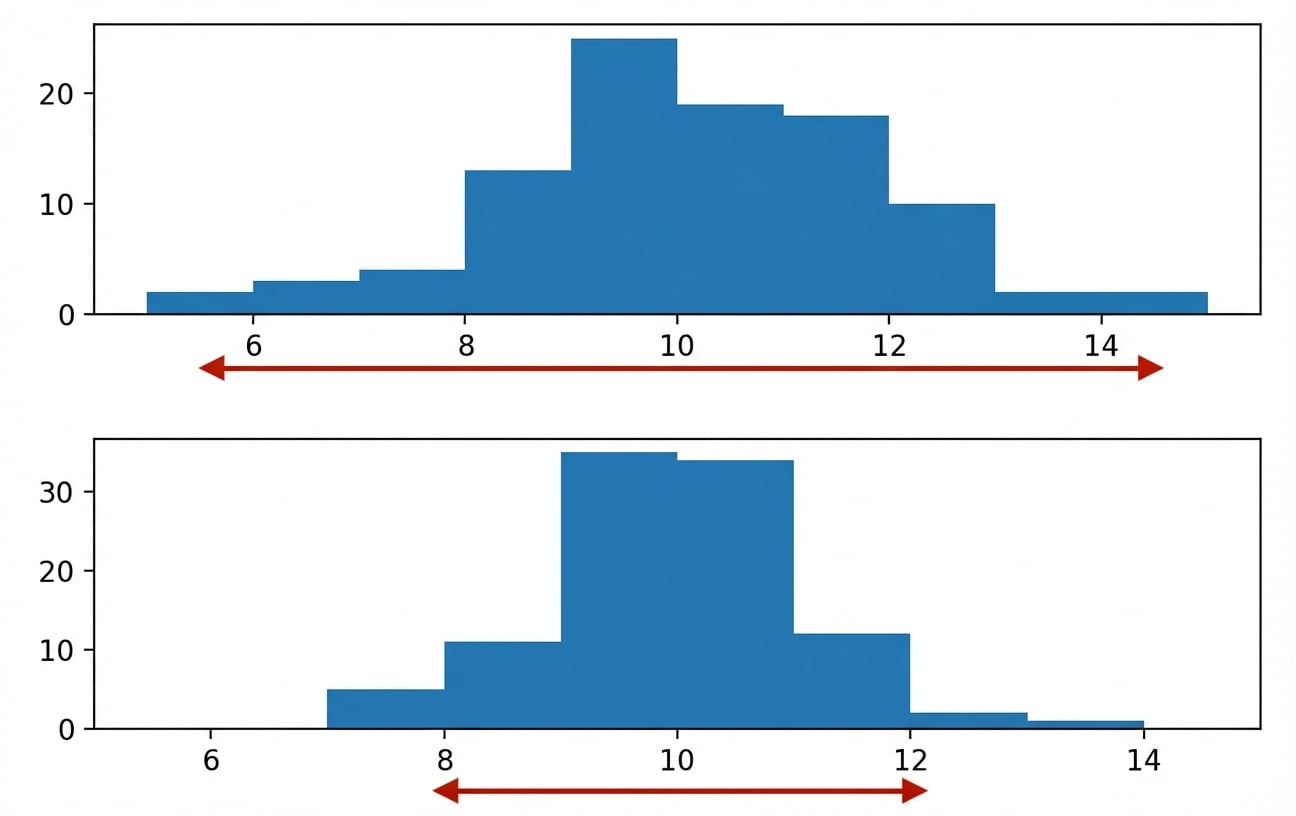 Twee histogrammen: één smal met data over weinig waarden, één breder met data over meer waarden.