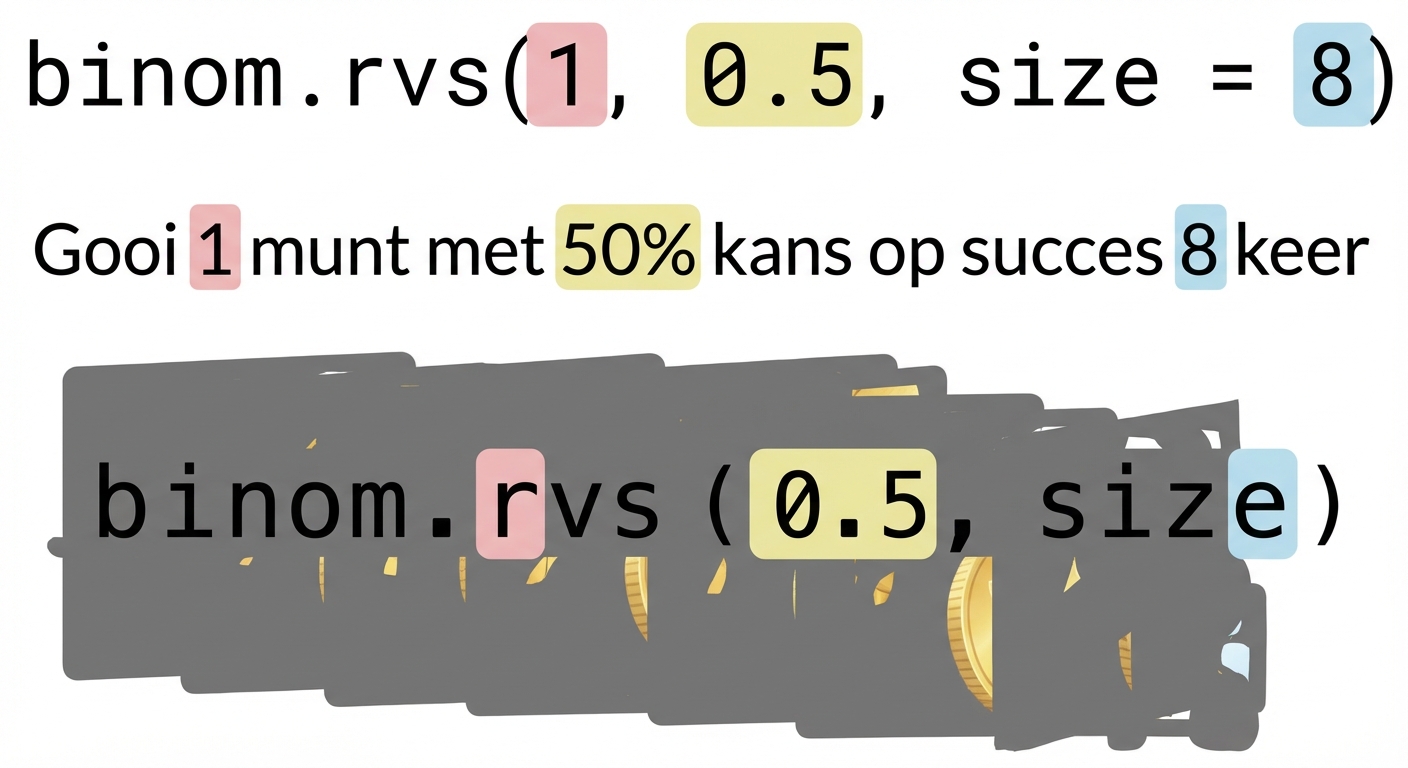 binom.rvs(1, 0.5, 8) met 1 in rood, 0,5 in geel, 8 in blauw. Tekst: Gooi 1 (in rood) munt met 50% (in geel) kans op succes 8 (in blauw) keer