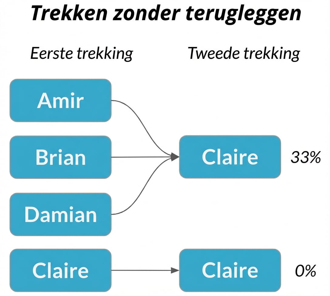 Amir, Brian en Damian in eerste kolom wijzen naar Claire in tweede kolom met kans 33%