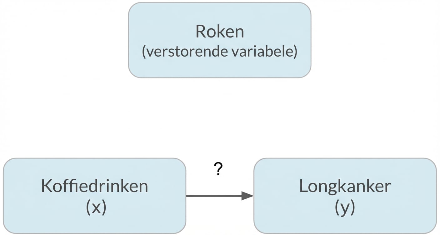 Koffiedrinken (x) wijst naar longkanker (y) met roken (confounder) erboven