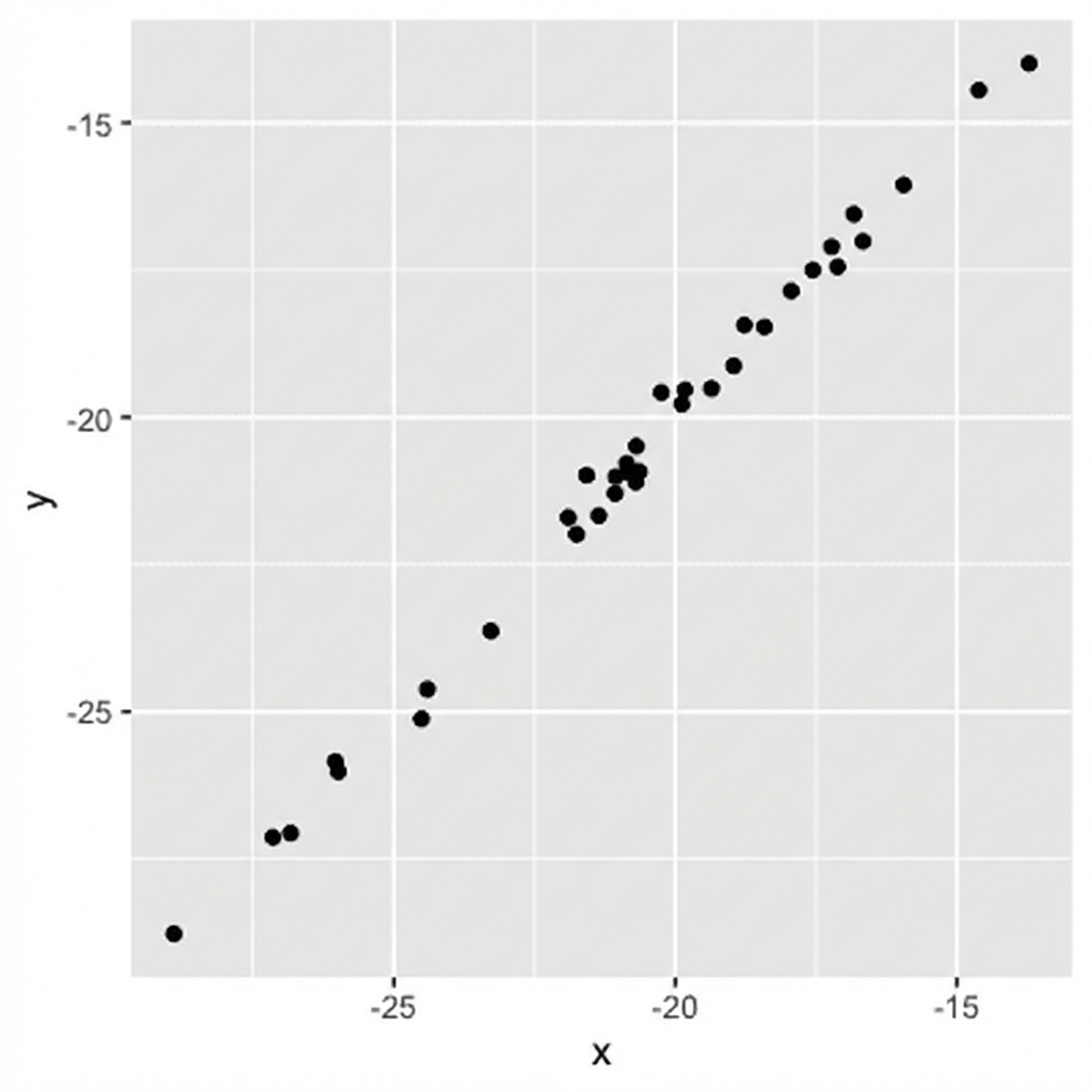 Spreidingsdiagram met punten heel dicht bij een onzichtbare lijn