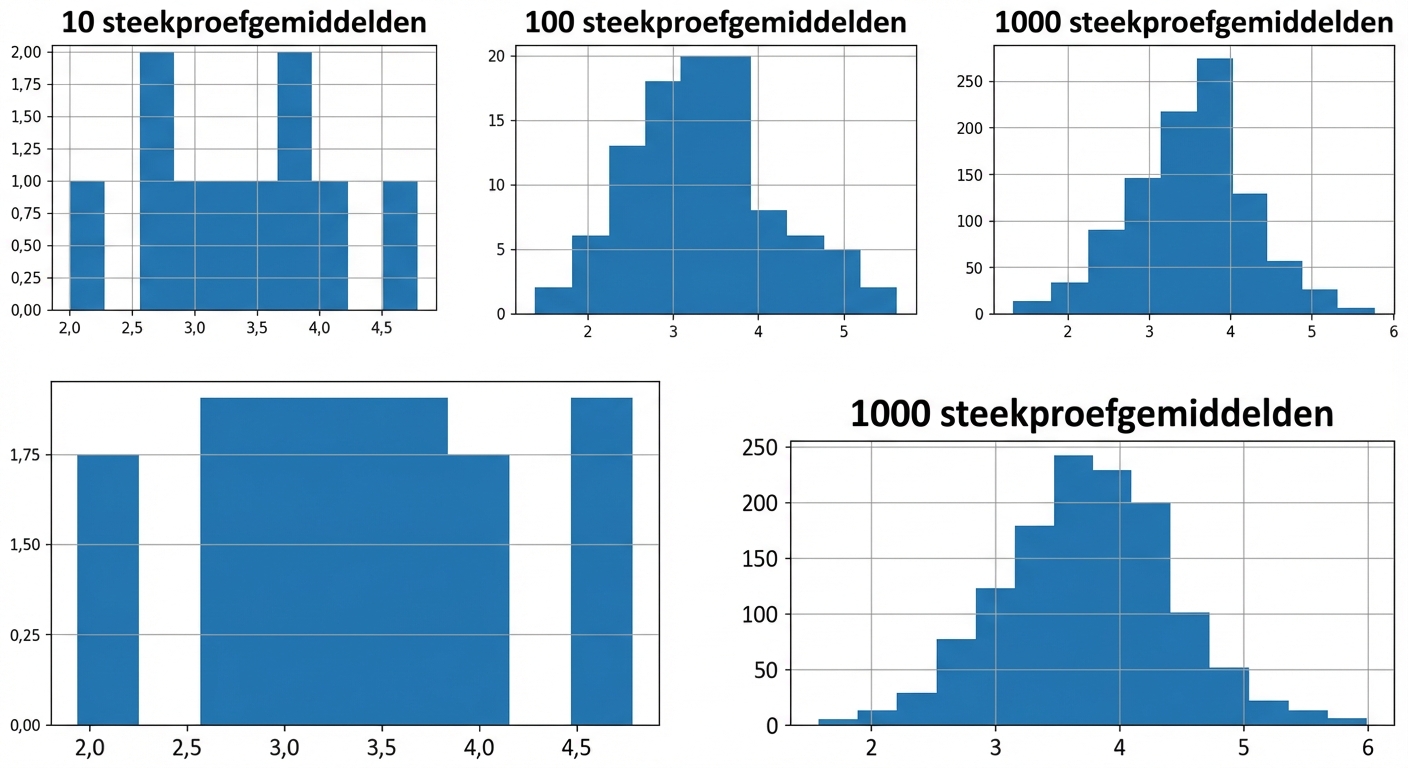 histogrammen van 10, 100 en 1000 steekproefgemiddelden; bij meer gemiddelden wordt de verdeling klokvormiger