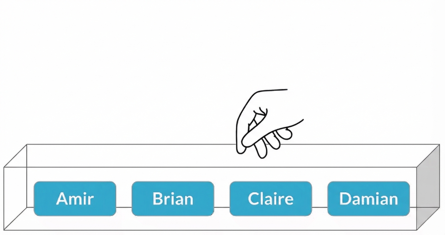 GIF van hand die in doos grijpt, Brians naam pakt en teruglegt