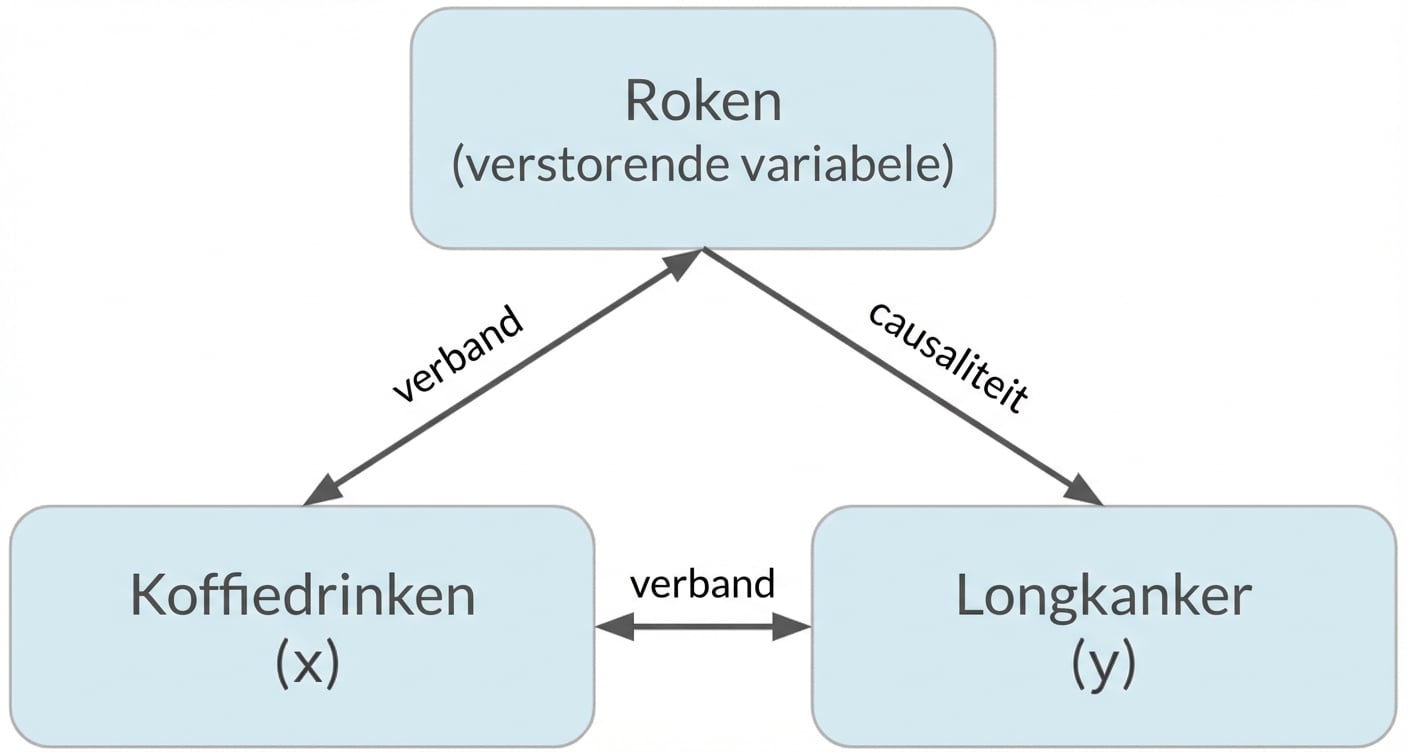 Koffiedrinken (x) met dubbele pijl naar longkanker (y) gelabeld "associatie". Dubbele pijl tussen roken en koffiedrinken, gelabeld "associatie". Pijl van roken naar longkanker gelabeld "causaliteit".
