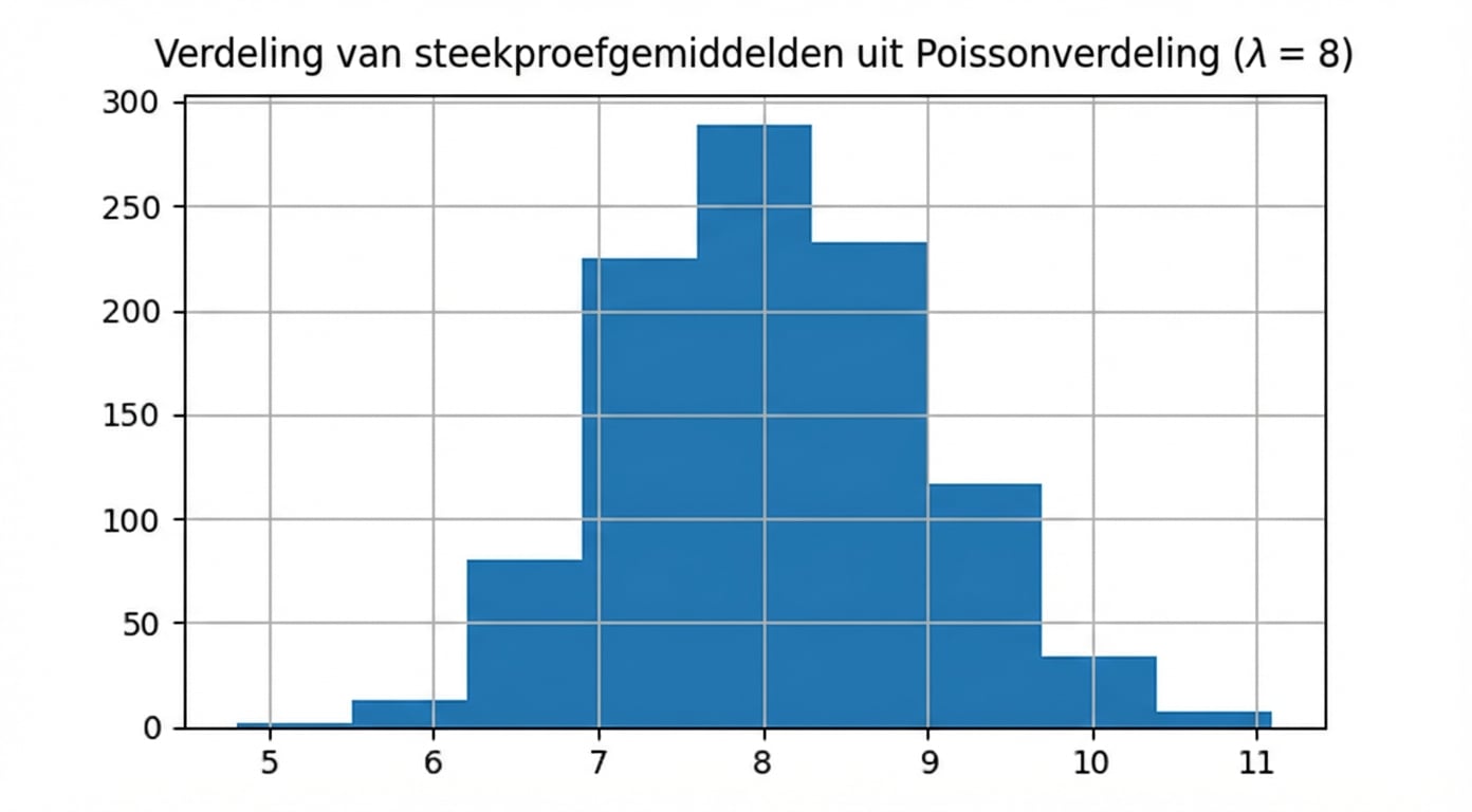 Verdeling van steekproefgemiddelden uit Poisson met lambda = 8. Lijkt op de normale verdeling