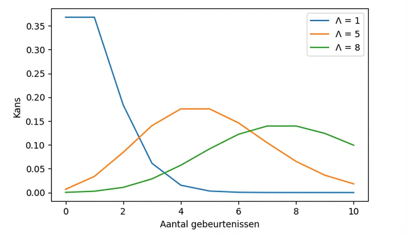 3 Poisson-verdelingen: één met lambda = 1, één met lambda = 5 en één met lambda = 8