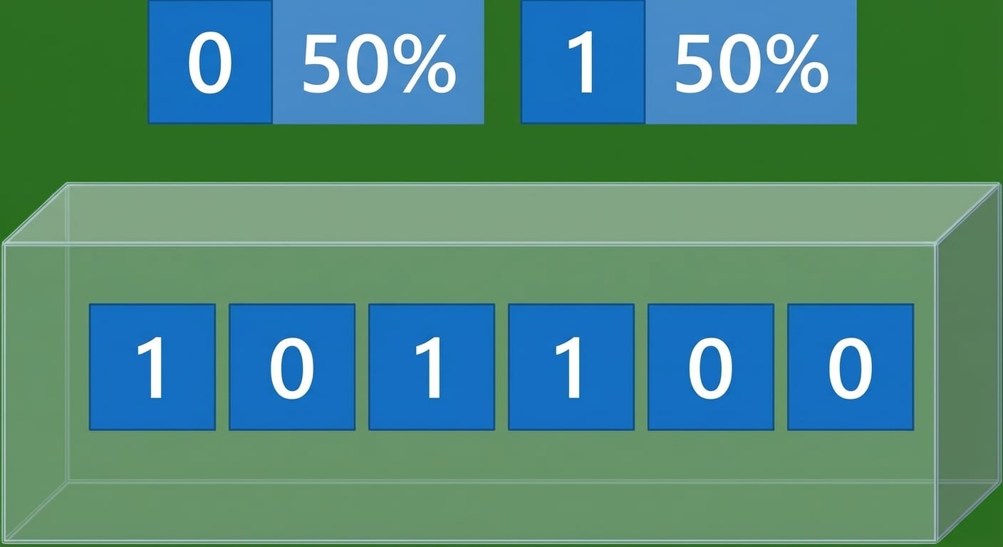 Doos met kaartjes met 3 nullen en 3 enen. 50% kans op 0, 50% kans op 1