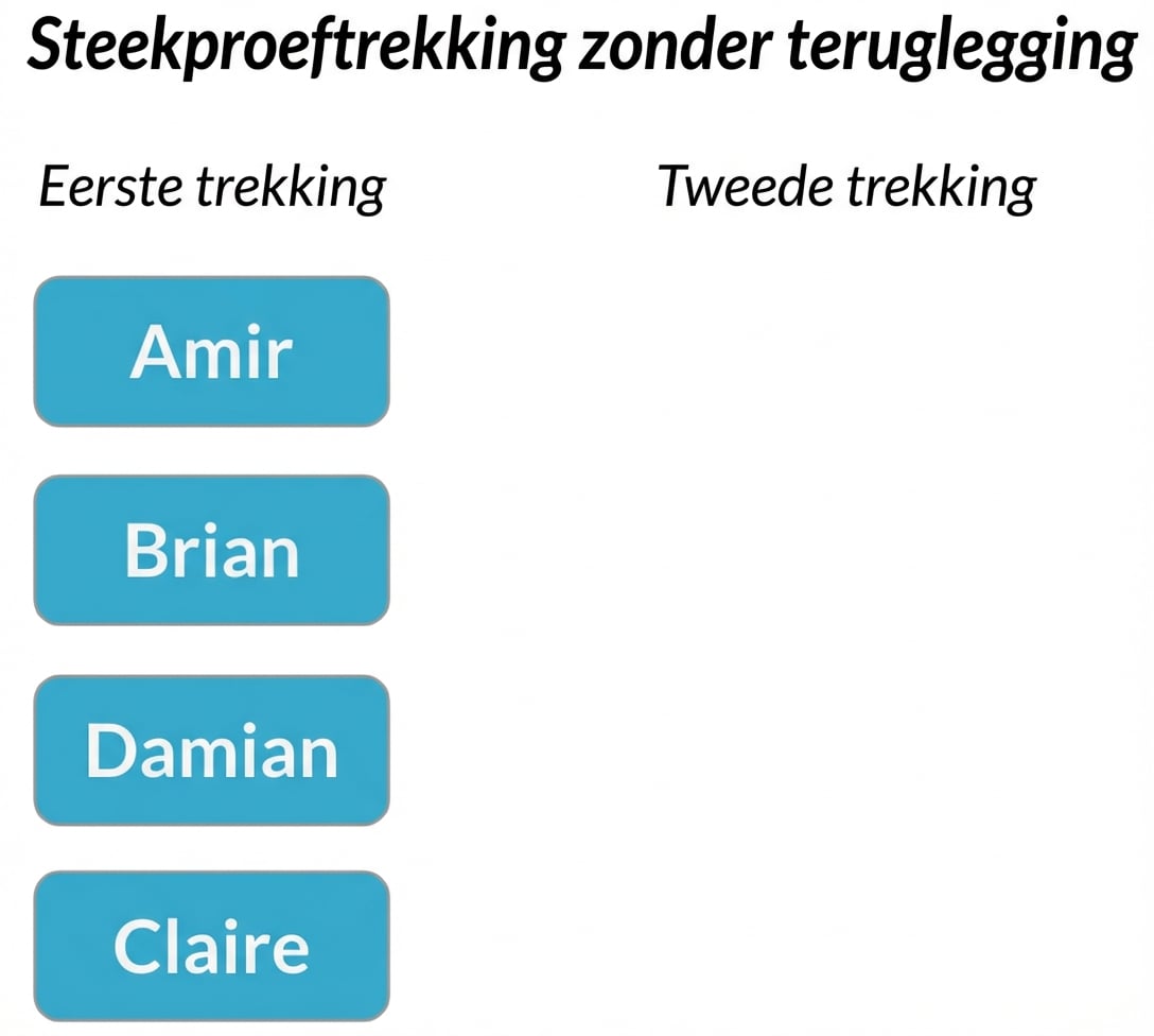 Twee kolommen: eerste trekking met Amir, Brian, Claire, Damian. Tweede trekking is leeg