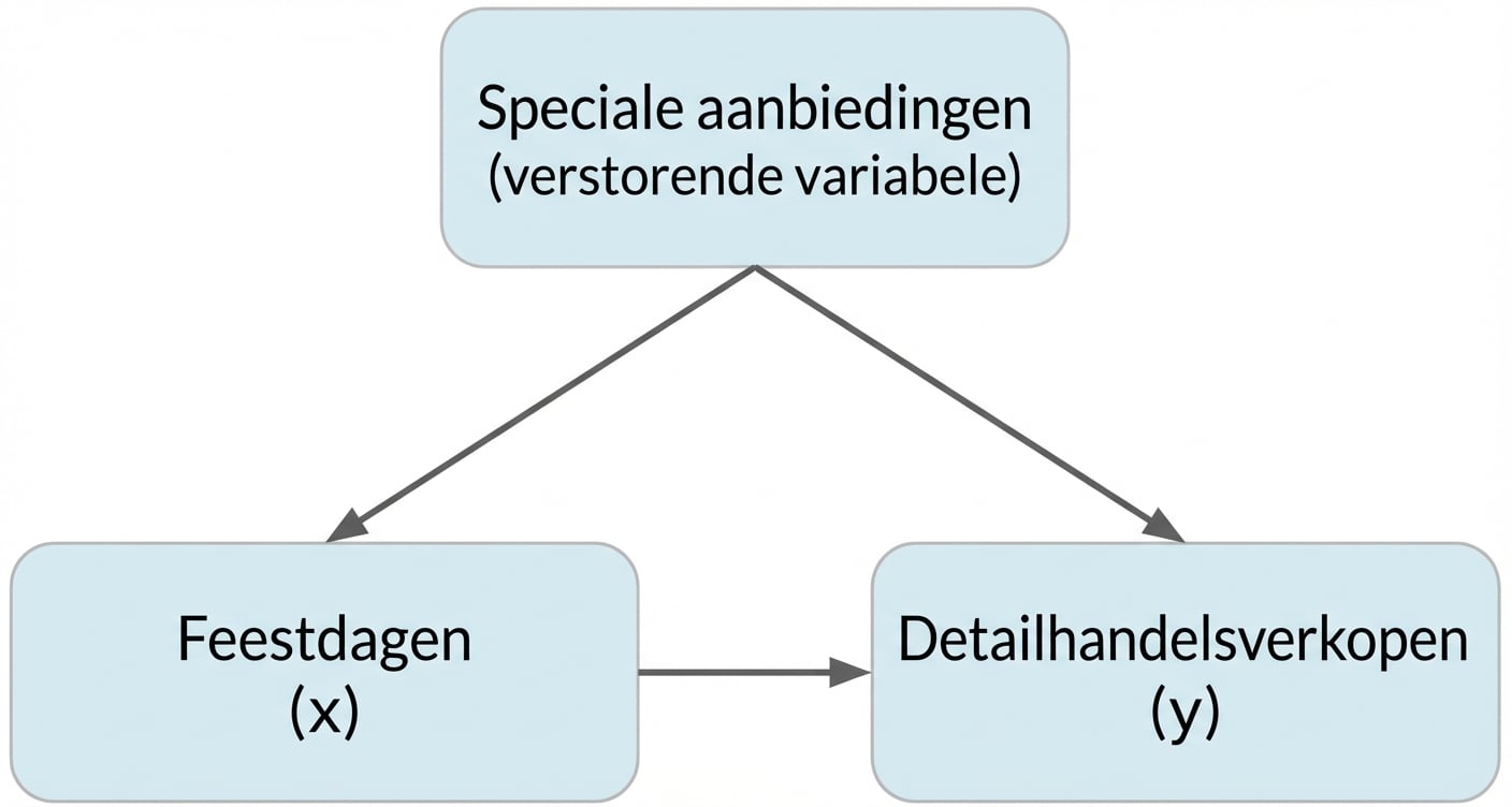 Feestdagen (x) wijst naar detailhandelsverkopen (y). Speciale aanbiedingen (confounder) heeft dubbele pijl naar feestdagen en enkele pijl naar detailhandelsverkopen.