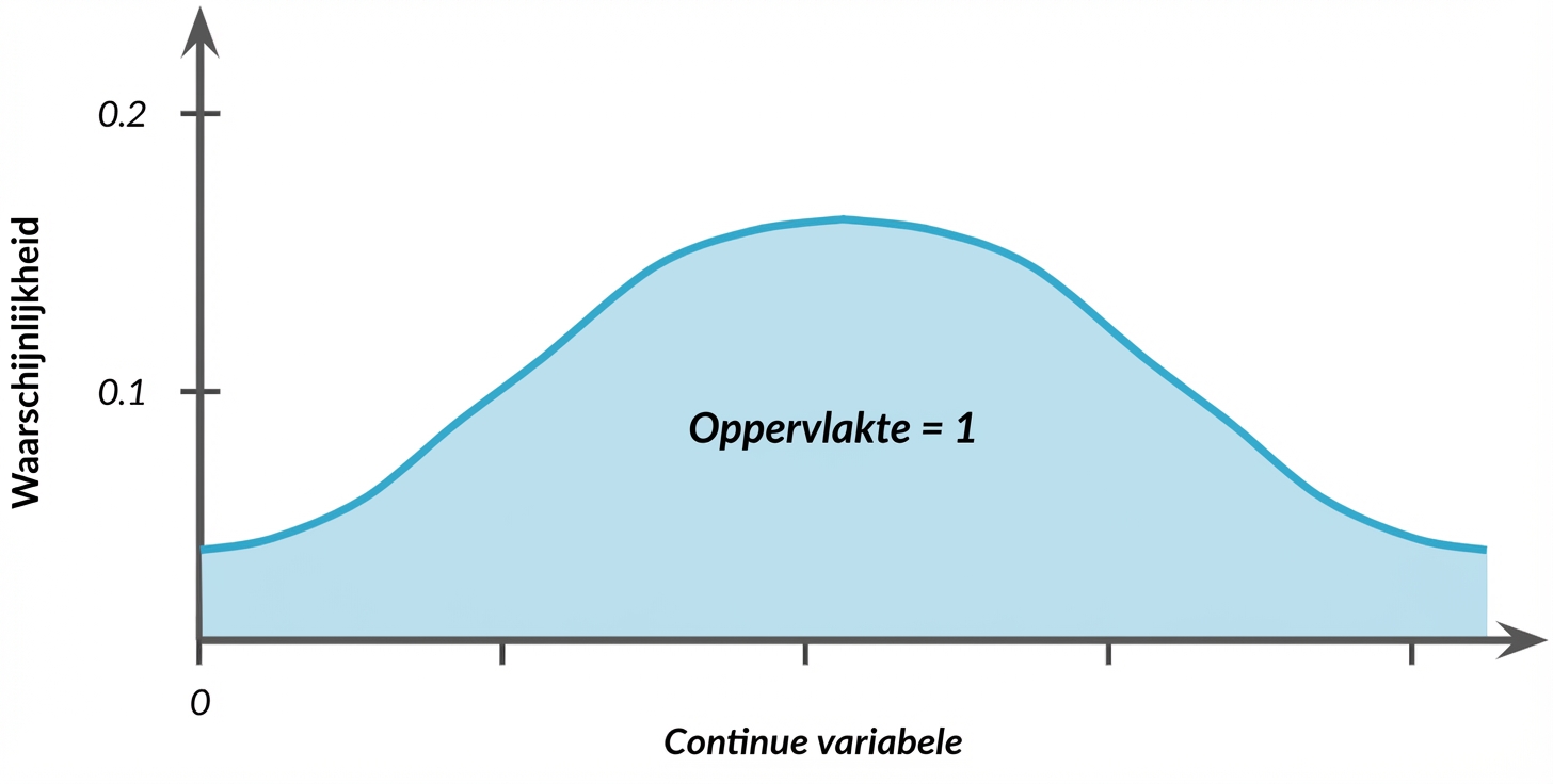 Gearceerde oppervlakte onder klokvorm met tekst: oppervlakte = 1