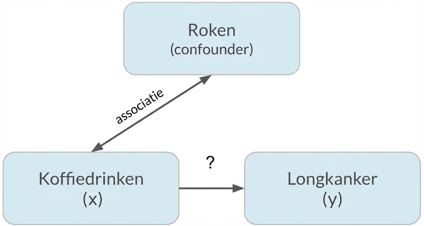 Koffiedrinken (x) wijst naar longkanker (y) met roken (confounder). Dubbele pijl tussen roken en koffiedrinken, gelabeld "associatie".