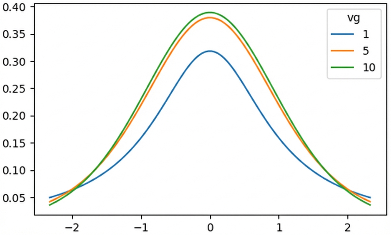 3 t-verdelingen met df = 1, df = 5 en df = 10