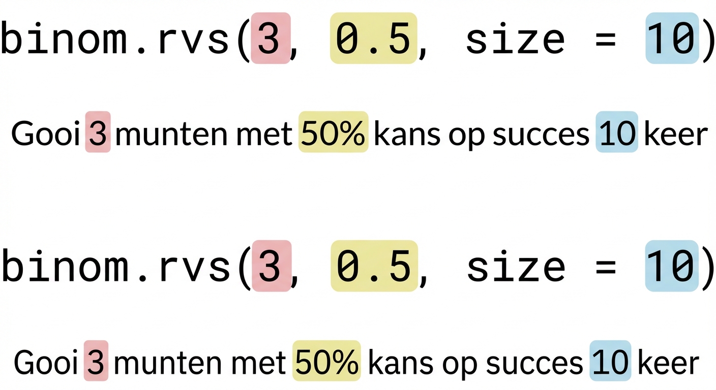 binom.rvs(3, 0.5, size=10) met 3 in rood, 0,5 in geel, 10 in blauw. Tekst: Gooi 3 (in rood) munten met 50% (in geel) kans op succes 10 (in blauw) keer
