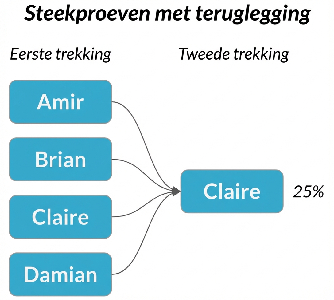 Pijlen van elke naam in eerste kolom wijzen naar Claire in tweede kolom, met kans 25%