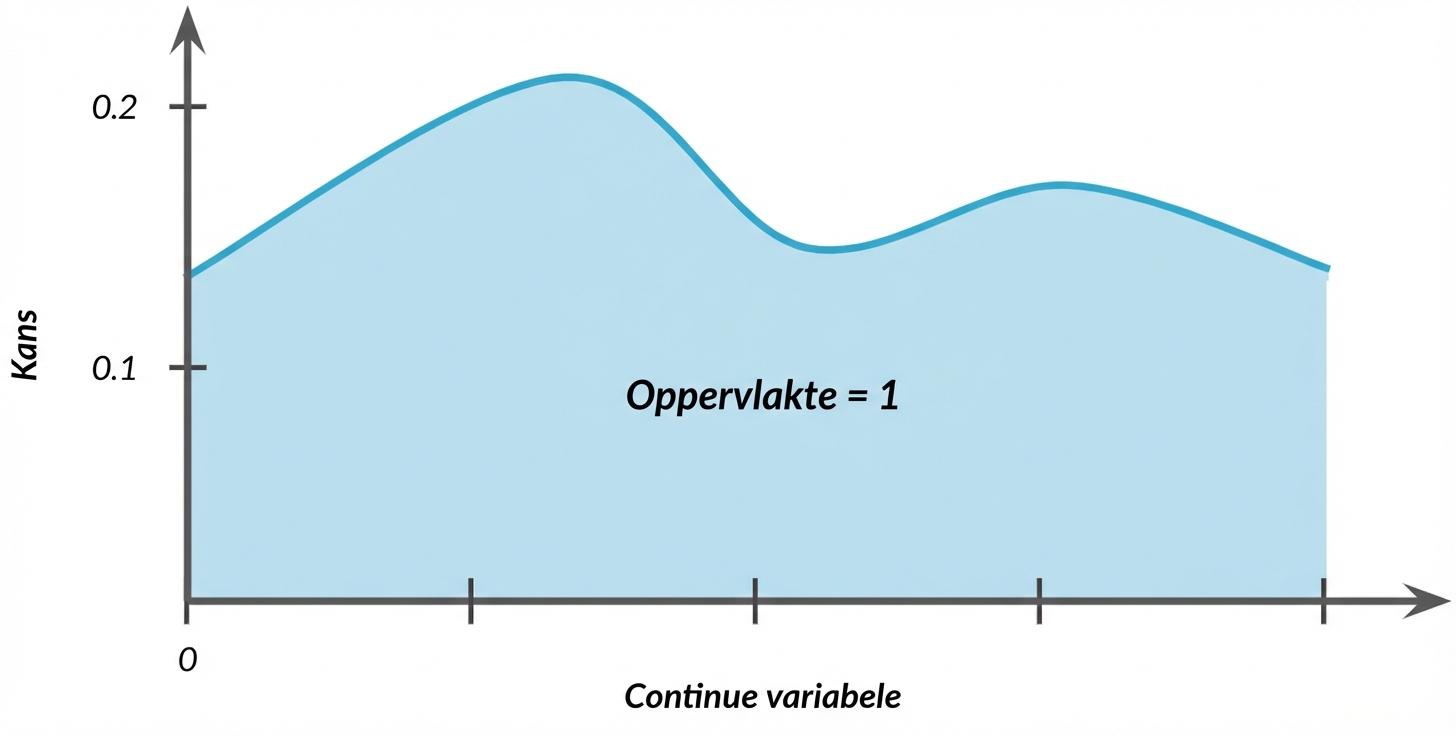 Gearceerde oppervlakte onder kromme met tekst: oppervlakte = 1
