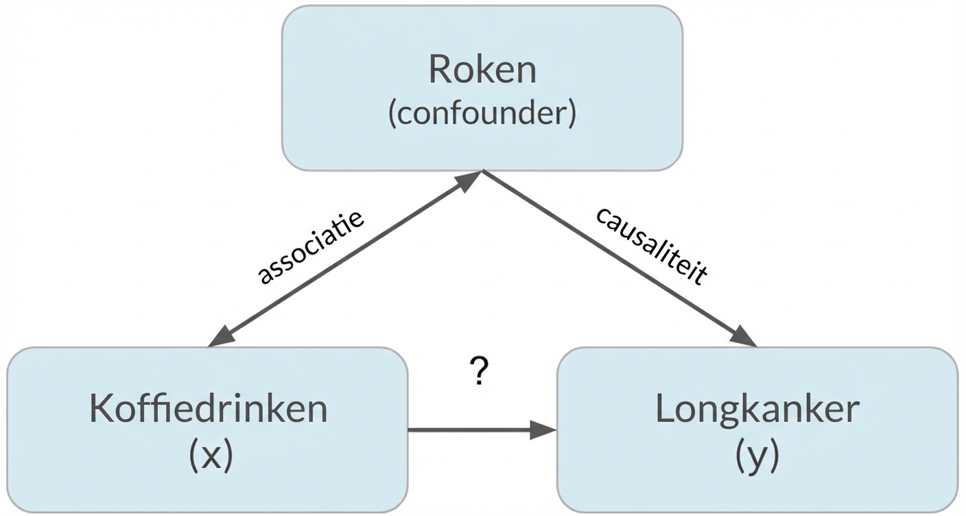 Koffiedrinken (x) wijst naar longkanker (y) met roken (confounder). Dubbele pijl tussen roken en koffiedrinken, gelabeld "associatie". Pijl van roken naar longkanker gelabeld "causaliteit"