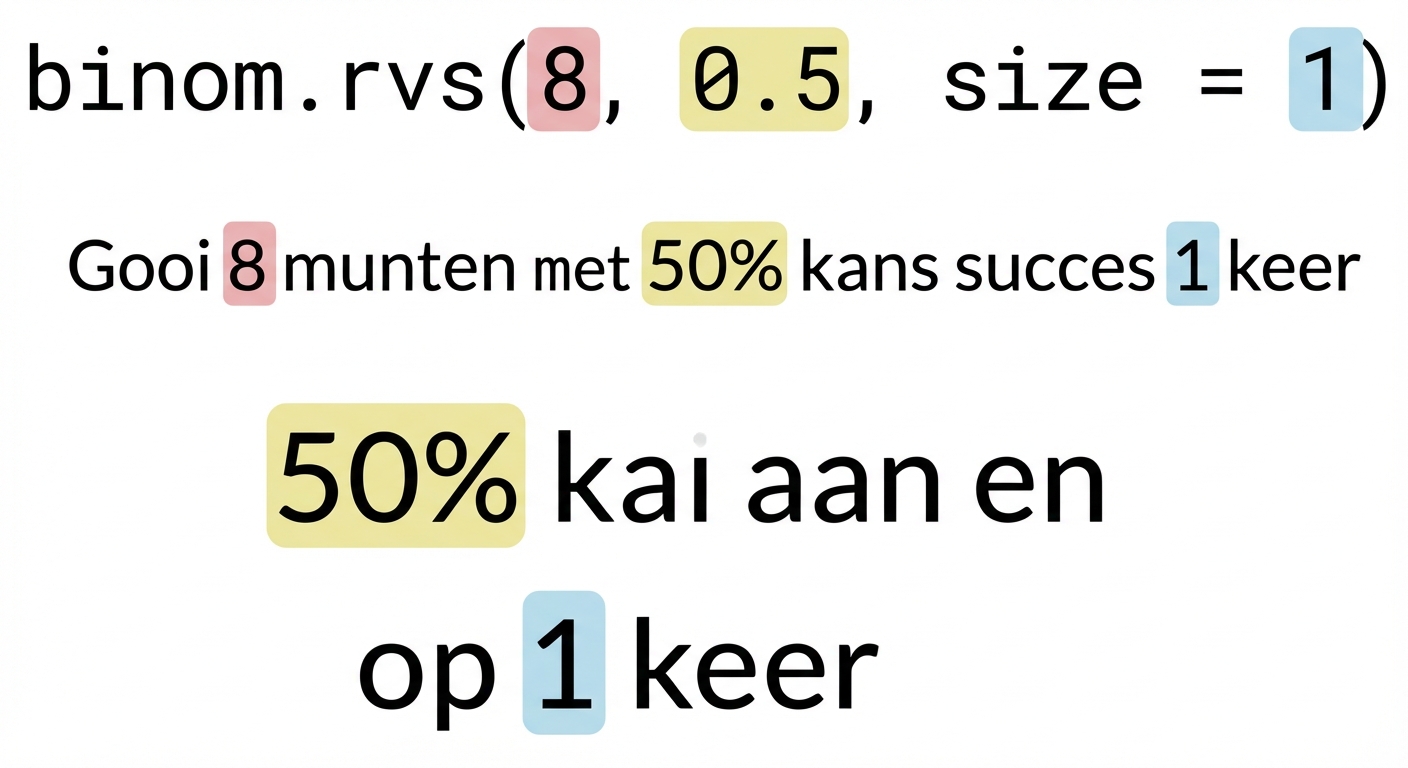 binom.rvs(8, 0.5, size=1) met 8 in rood, 0,5 in geel, 1 in blauw. Tekst: Gooi 8 (in rood) munten met 50% (in geel) kans op succes 1 (in blauw) keer