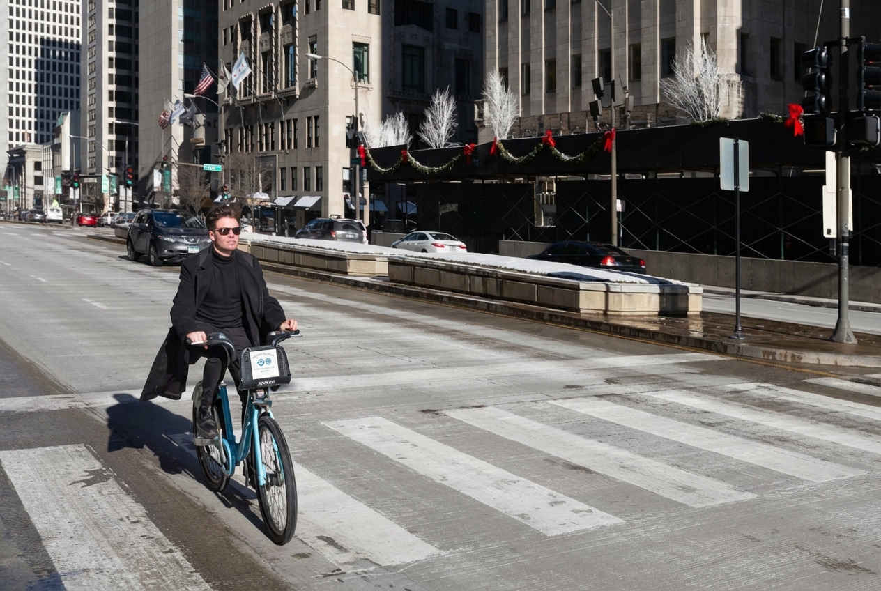 Persoon fietst door de stad op een Divvy-fiets