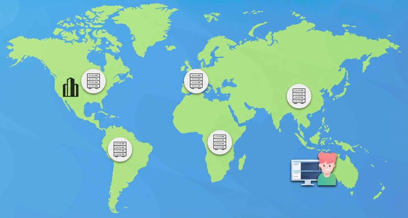 Kaart met wereldwijde datacenters en een gebruiker in Australië