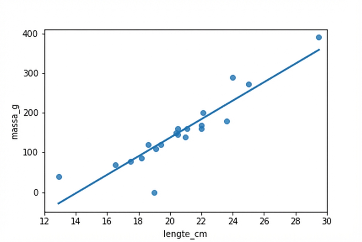 Een scatterplot van het gewicht van voorns versus hun lengte met een trendlijn. De meeste punten volgen de lijn nauw.