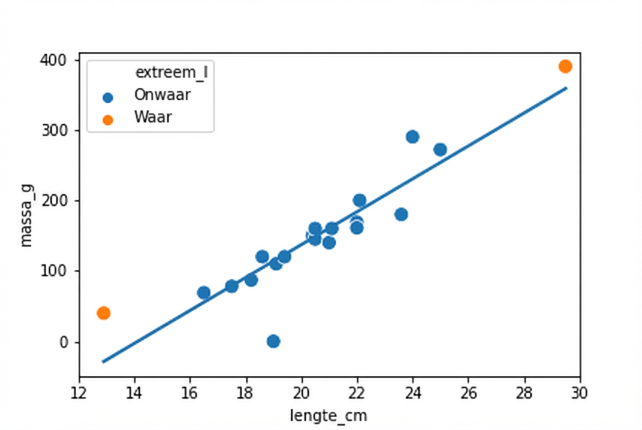 Een scatterplot van het gewicht van voorns versus hun lengte, met een trendlijn. De meeste punten zijn blauw; één heel korte en één heel lange voorn zijn oranje.