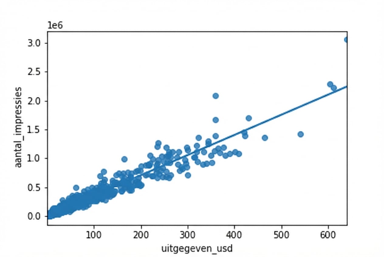 Een scatterplot van het aantal impressies versus advertentie-uitgaven, met een trendlijn. De meeste punten zitten samengepakt linksonder.