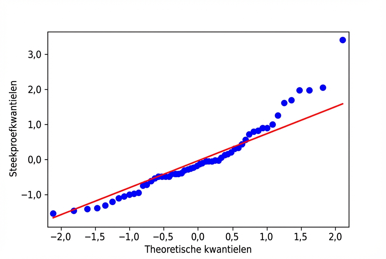 Een Q-Q-plot van gestandaardiseerde residuen van het baarsmodel versus theoretische kwantielen. De punten volgen de gelijkheidslijn niet goed, vooral rechts in de plot.