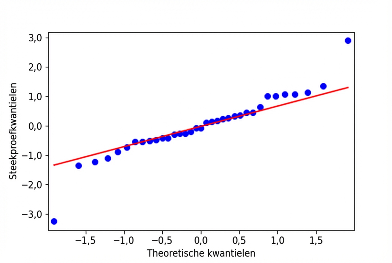Een Q-Q-plot van gestandaardiseerde residuen van het brasemmodel versus theoretische kwantielen. De punten volgen grotendeels de lijn waar residuen en kwantielen gelijk zijn, op twee uitschieters na.