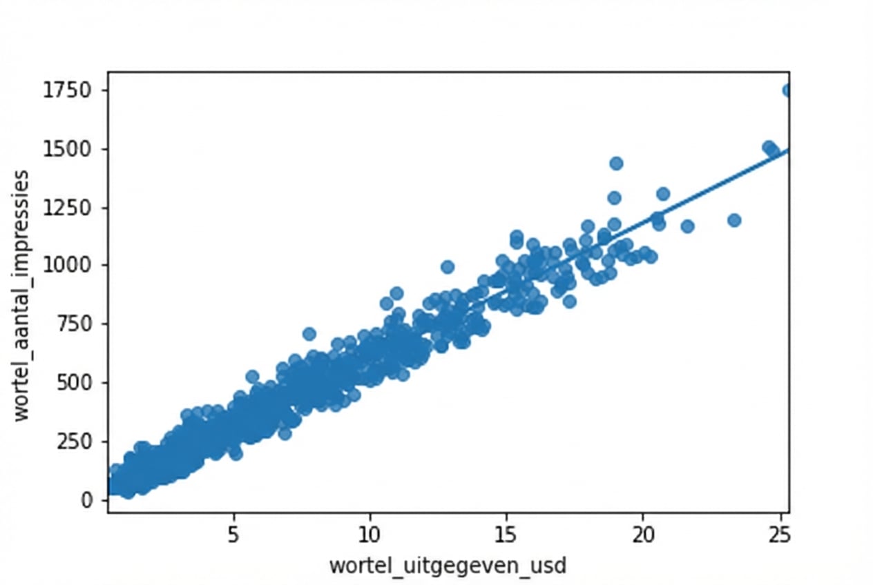 Een scatterplot van de vierkantswortel van het aantal impressies versus de vierkantswortel van de advertentie-uitgaven, met een trendlijn. De punten zijn nu gelijkmatiger verdeeld.