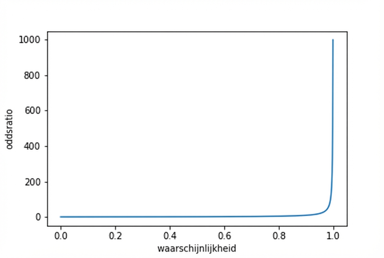 Een lijngrafiek van odds versus kans. De curve stijgt asymptotisch naar oneindig naarmate de kans 1 nadert.