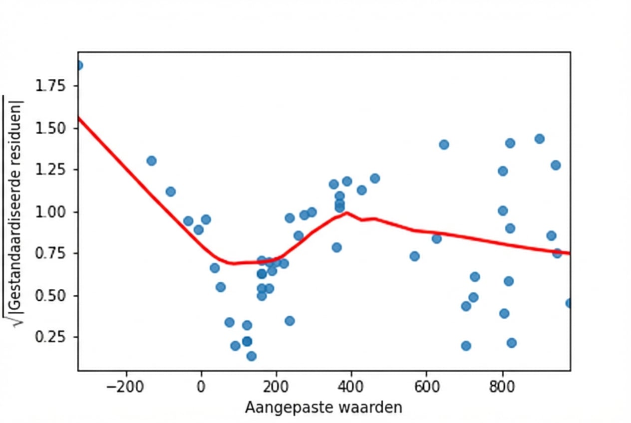 Een spreidingsdiagram van de vierkantswortel van gestandaardiseerde residuen versus gefitte waarden voor het baarsmodel, met een LOWESS-trendlijn. De trendlijn gaat meerdere keren op en neer naarmate de gefitte waarden toenemen.