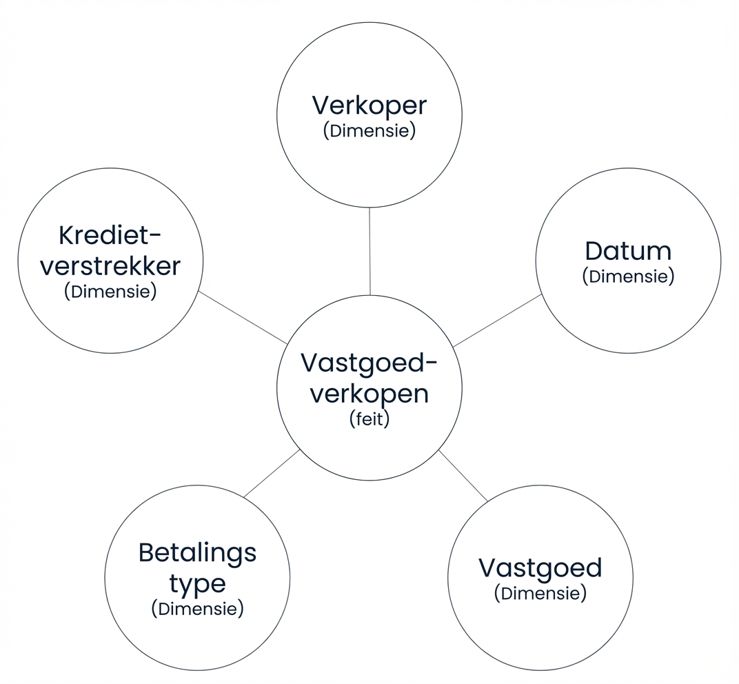 Diagram of a star schema with a fact surrounded by five dimensions