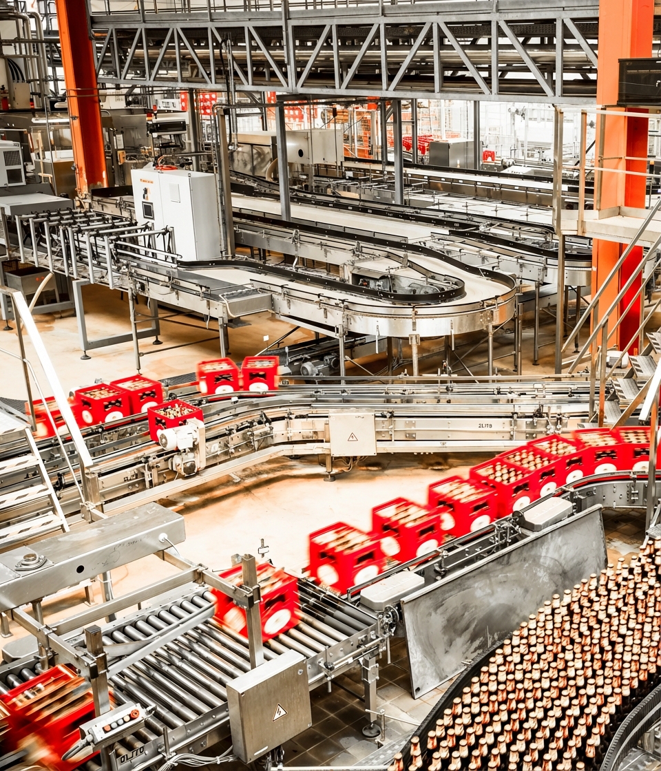 Foto van een lopende band in een flessenfabriek