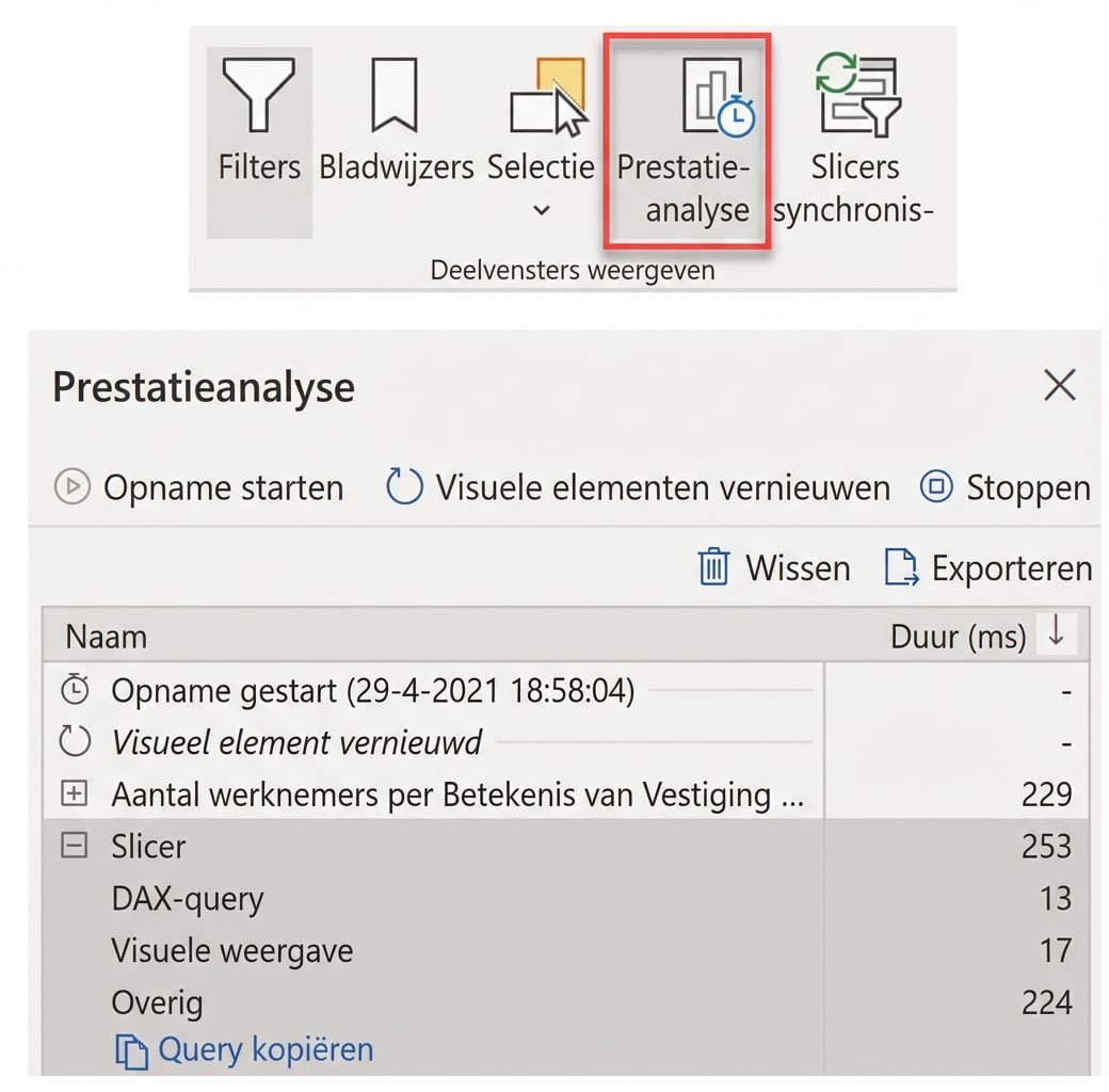 Screenshots van de Performance Analyzer in Power BI