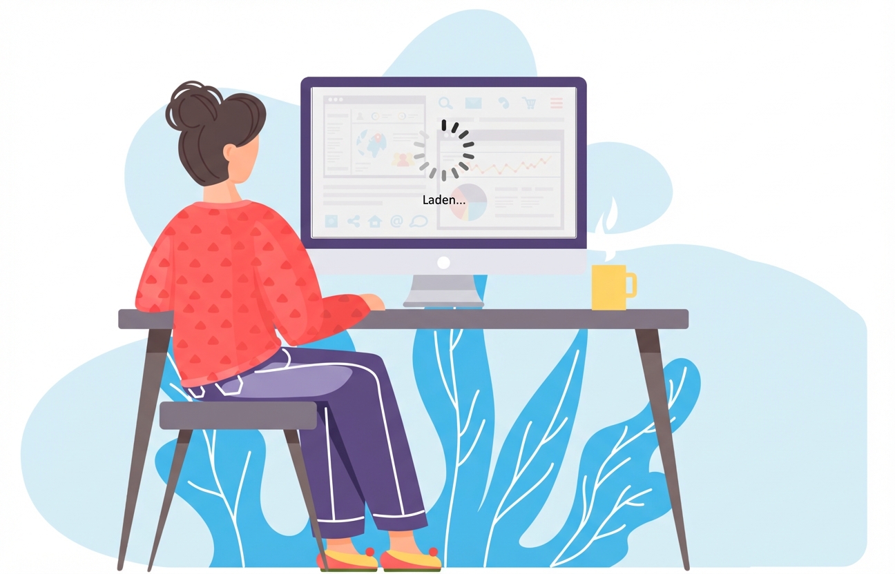 Een vrouw achter een computerscherm waarop een dashboard traag laadt.
